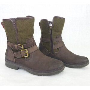 UGG Simmens Boots Women 6 Leather Waterproof Brown Olive Shearling Lining Zip Up